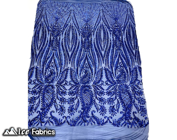 Loyalty Royal Blue Sequin Fabric By The Yard | Lace Embroidery Fabric | Sequin Lace on 4 Way Stretch Mesh