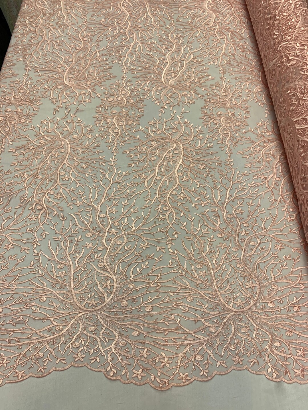 Pink_ Floral Lace Fabric Sold by the Yard_ Mesh Lace Bridal Fabric
