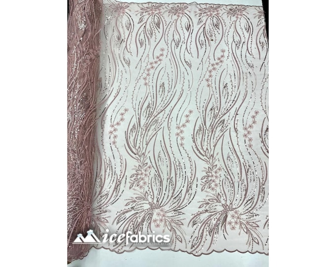 Rose Floral Beaded Fabric By The Yard | Dusty Rose Handmade Flower Embroidery Lace Fabric | Wedding Dress, Prom Dress