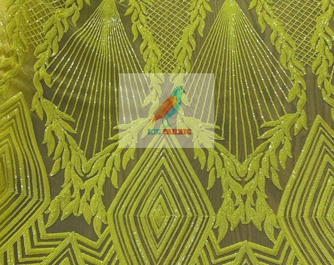 YELLOW// French Design Embroider Sequins 4 Way Stretch Spandex Geometric FOR PROM Sequins Lace Mesh Lace Fabric By The Yard// Decorations,