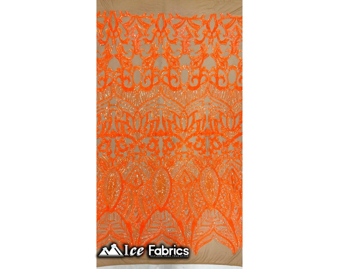 Luxury Sequin Fabric By The Yard | Iridescent Orange on Nude Power mesh | 4 Way Stretch Lace Fabric | Prom Dress (B I G)