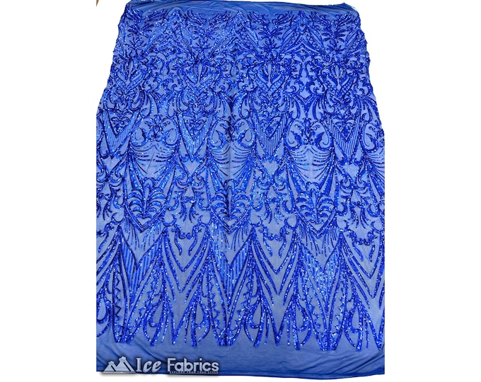 New Embroidery Royal Blue Sequin Fabric By The Yard | 4 Way Stretch Mesh Fabric Spandex Geometric Fabric | for Prom Dress