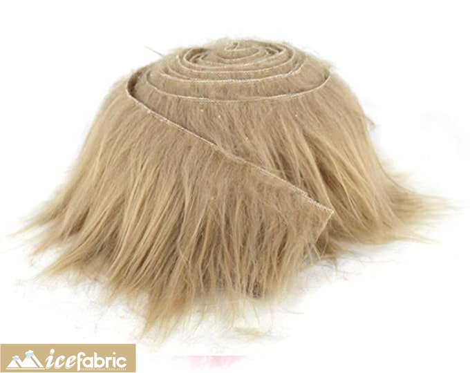 Beige Mohair Shaggy Faux Fur Fabric Strips Ribbon Roll | Long Pile Precut Faux Fur Trim Ribbon Roll for Craft Supply