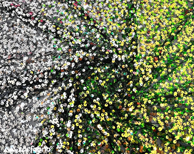 Luxury 3 Tone 4 Way Stretch Sequin Fabric By Yard | All Over Iridescent Yellow Orange Mini Sequin Embroidery on Black Mesh Lace Spandex