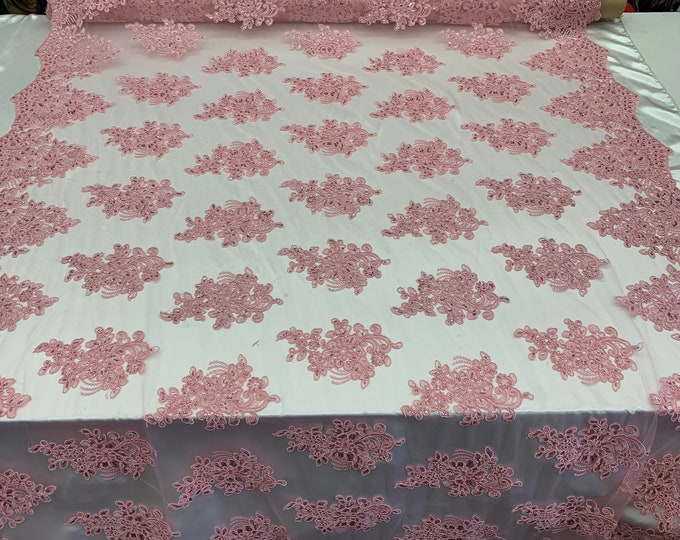 Embroidered Mesh lace Floral Design (Light Pink) Fabric With Sequins By The Yard. For Tablecloths/Runners/Skirts/Costume/Dresses/ Decoration