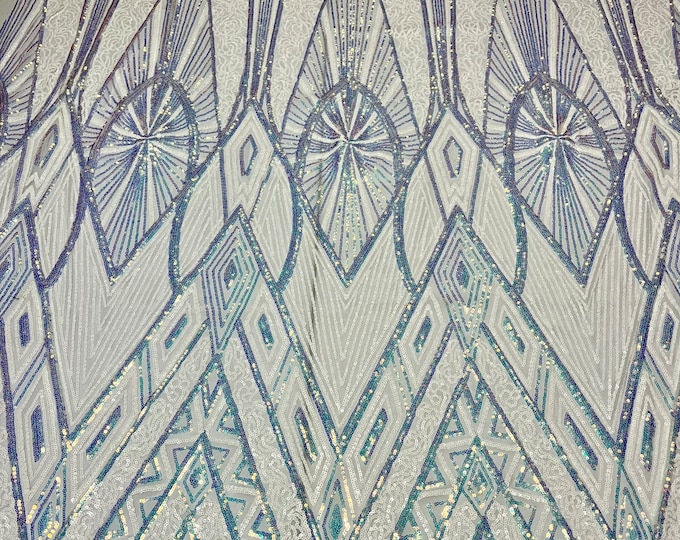 Moon Iridescent White Blue Sequin Fabric By The Yard | Geometric 4 Way Stretch Spandex Mesh Fabric | Embroidered Fabric | 56” Wide