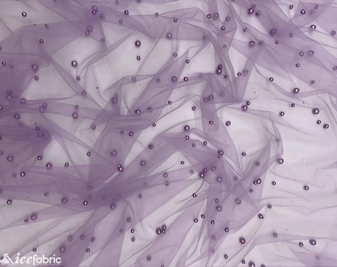 New Lavender Pearl Beaded Fabric on a Soft Tulle by The Yard - Embroidered Handmade Fabric - Tulle Lace Fabric with Pearls for Bridal Veils