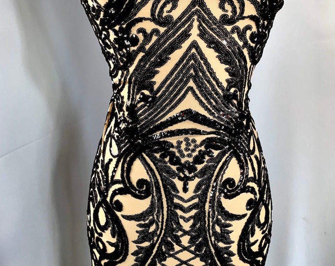 Black_ Geometric 4 Way Stretch Sequins Mesh Lace Fabric By The Yard. Spandex Nude Mesh Fabric For Prom Dress, Wedding Dress, Night Gowns