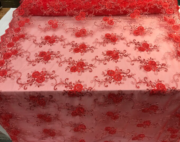 Red Embroidered mesh lace Flower Design with sequins by the yard. Floral wedding prom dress, tablecloths, runners, skirts,customs, decor