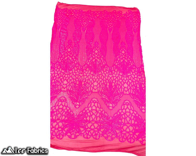 Neon Pink 4 Way Stretch Sequin fabric by the yard | Embroidery Lace Fabric On Mesh Spandex Sequin Fabric