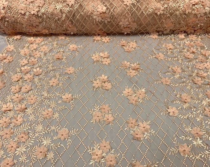 Peach_ Floral 3D Flowers Pearls // Mesh 2 WAY Stretch//Beaded Mesh Lace Embroider Lace Fabric By The Yard//Veil// Gowns/ costumes/Prom Dress