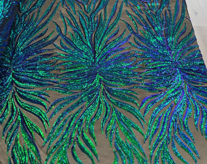 Green_ Bridal// Iridescent Spandex Mesh Lace Sequins Stretch Fabric By The Yard//4 Way Stretch Sequins Power Mesh Embroidered Fabric//Floral