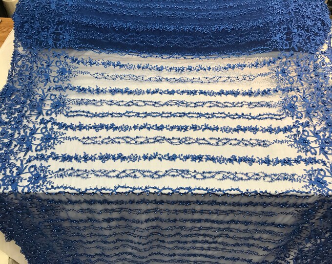 Royal Blue design Hand Embroidered beaded mesh laces bridal wedding prom dresses decorations night gowns fashion runners customs by the yard
