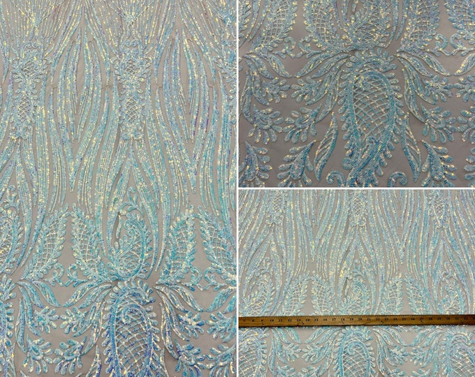 Iridescent Baby Blue Geometric 4 Way Stretch Sequin on Nude Mesh Fabric | Iridescent Embroidered Sequins Lace Fabric By The Yard