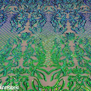 Mia Geometric Sequin Fabric By The Yard | 4 Way Stretch Fabric | Sequin Geometric Embroidery Fabric | Iridescent Green on Black Mesh image 8