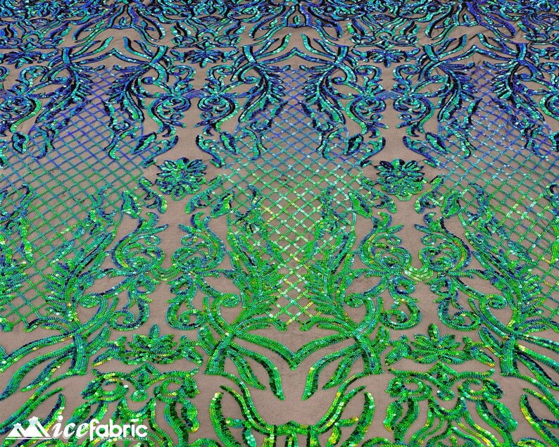 Mia Geometric Sequin Fabric By The Yard | 4 Way Stretch Fabric | Sequin Geometric Embroidery Fabric | Iridescent Green on Black Mesh image 8