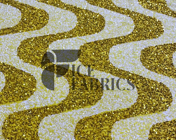 Wavy Sequin Stretch Velvet Fabric by The Yard - 60" Wide Yellow White on Yellow Velvet for Apparel, Costume, Decor