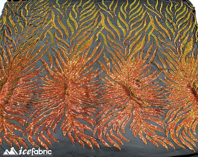 Feather 4 Way Stretch Sequin Fabric By The Yard | Iridescent Orange Sequins on Black Mesh | Feather Embroidered Lace Fabric on Power Mesh