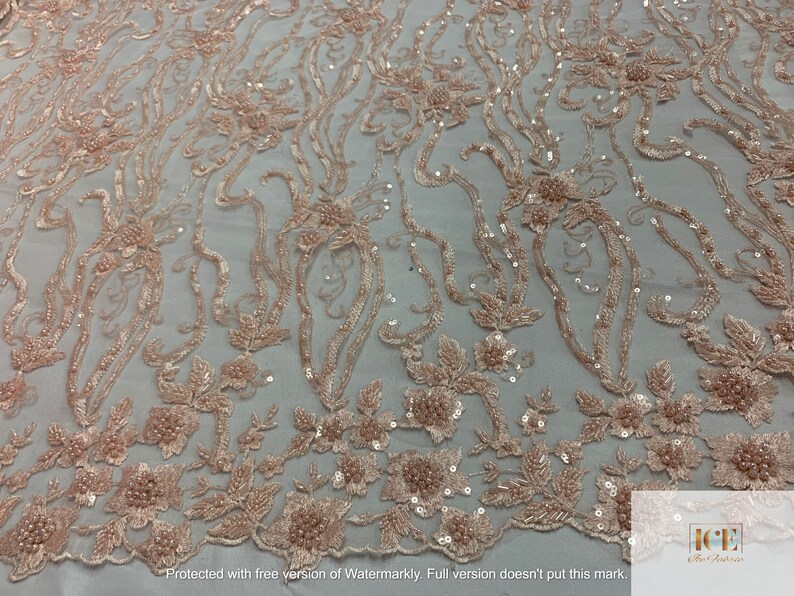 IceFabric_ Peach Fabric By sale The Beaded Heavily Flowers Mes Product Yard_