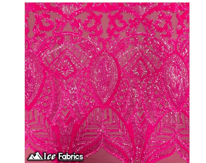Luxury Sequin Fabric By The Yard | Neon Pink Power mesh | 4 Way Stretch Lace Fabric | Prom Dress (B I G)