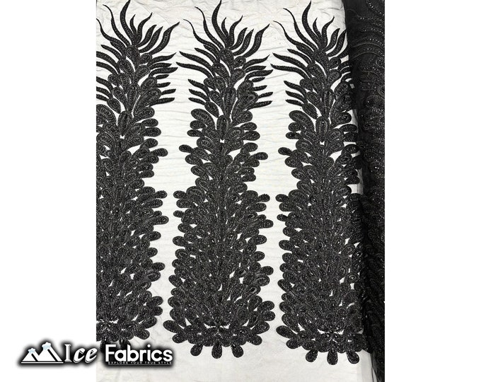 Black Peacock Feather Beaded Fabric sold by Panel | Embroidery Handmade Lace