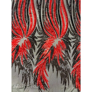 Gorgeous Stretch Sequin Fabric Red Black By The Yard | Embroidered Lace Fabric on power mesh Spandex Fabric | for wedding dress