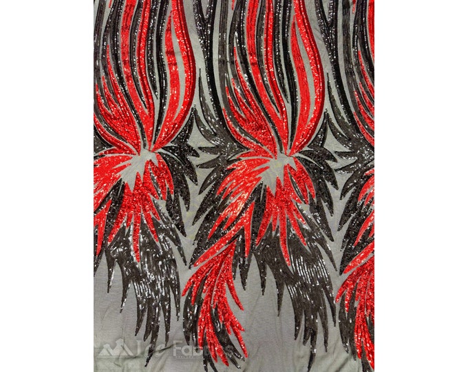 Gorgeous Stretch Sequin Fabric Red Black By The Yard | Embroidered Lace Fabric on power mesh Spandex Fabric | for wedding dress