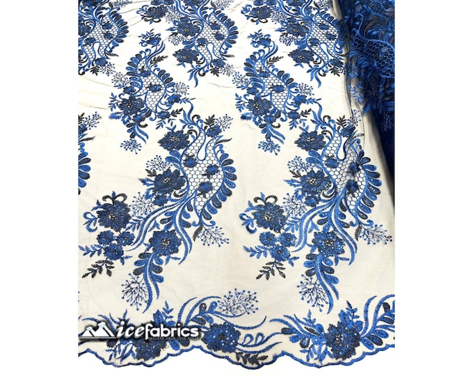Luca Floral Lace Fabric By The Yard Dusty Royal Blue / Black Green Embroidery Flowers Sequin Fabric On Mesh. Wedding Dress, Decoration