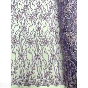 Lavender Floral Beaded Fabric By The Yard | Lace Fabric Embroidery Sequin Fabric with Beads on Mesh Fabric