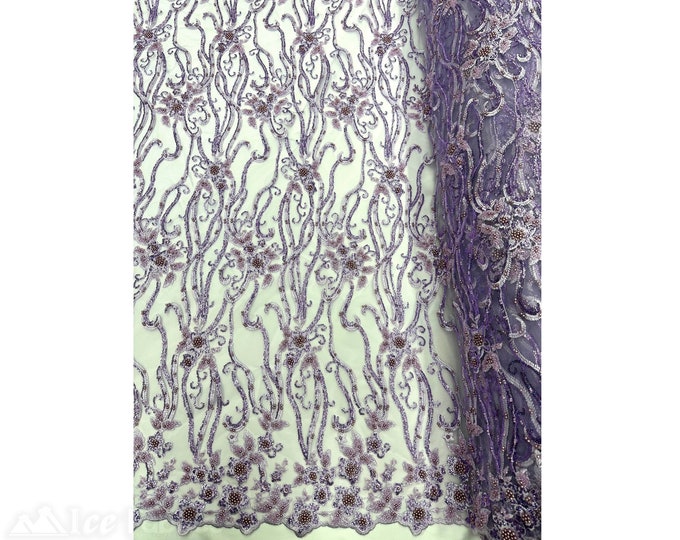 Lavender Floral Beaded Fabric By The Yard | Lace Fabric Embroidery Sequin Fabric with Beads on Mesh Fabric
