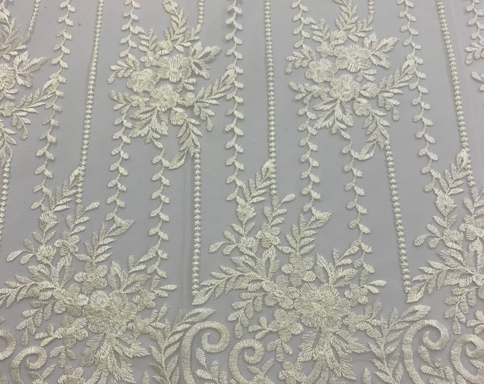 Ivory Lace Fabric By The Yard _"54 Width _ Corded Flowers Mesh Fabric_ Embroidered Fabric_ Floral Fabric_ Wedding Dress, Tablecloths