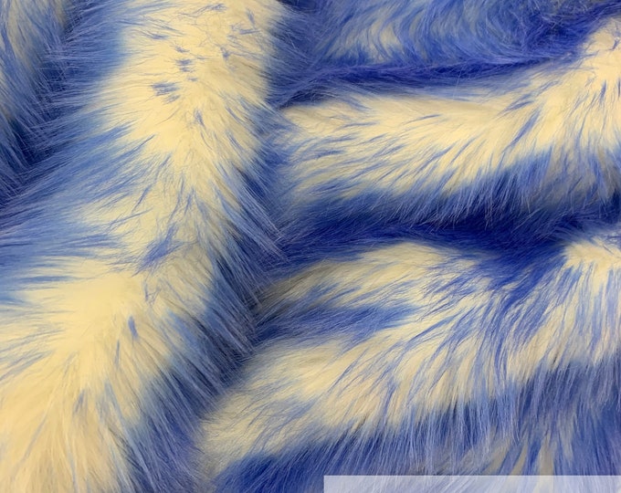 Canadian Fox_ 2 Tone Thick Fake Faux Fur Shaggy Long Pile - 64" Wide - Fabric By The Yard - Sold By ICE FABRIC - Royal Blue White-