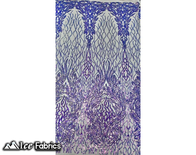 Tree Design Sequin Fabric By The Yard | Iridescent Lavender on Nude Mesh 4 way Stretch Spandex Fabric | Embroidery Lace on Mesh