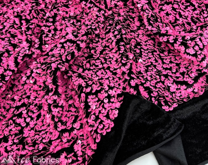 Luxury Stretch Velvet Sequin Fabric Neon Pink on Black By The Yard | Full All Over Sequin ( 5mm) on stretch Velvet Fabric
