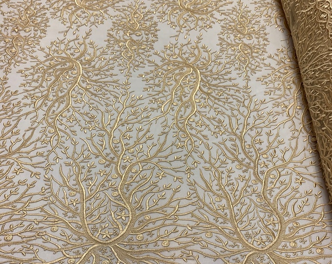 Champagne_ Floral Lace Fabric Sold By The Yard_ Mesh Lace Bridal Fabric_ Wedding Lace, Floral Lace, Light Lace, Soft Lace.