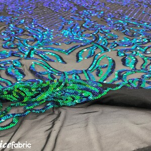 Mia Geometric Sequin Fabric By The Yard | 4 Way Stretch Fabric | Sequin Geometric Embroidery Fabric | Iridescent Green on Black Mesh image 4