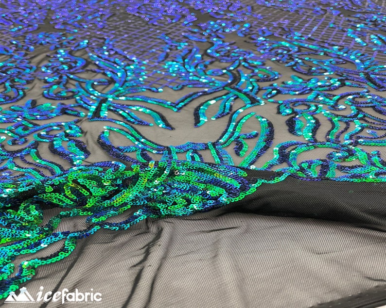 Mia Geometric Sequin Fabric By The Yard | 4 Way Stretch Fabric | Sequin Geometric Embroidery Fabric | Iridescent Green on Black Mesh image 4