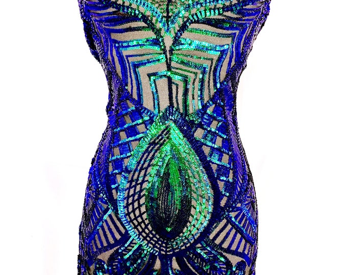 LONDON Design/ Iridescent Green Spandex Sequins 4 Way Stretch ON Black Mesh Lace Fabric By The Yard/Embroidery Sequins Used For Prom Dress/