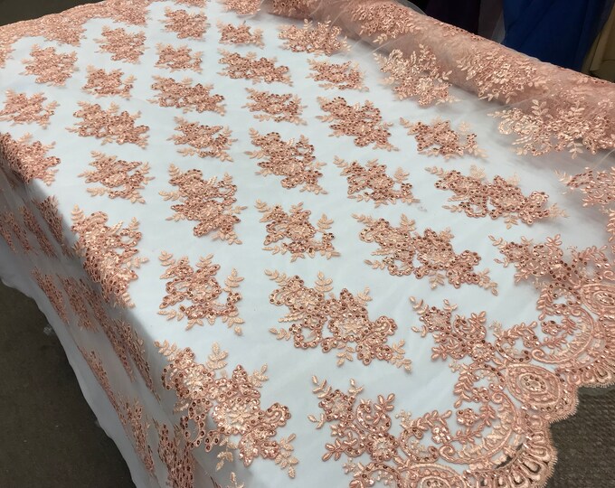 Blush modern flower design embroider on a mesh with sequins and metallic cord-prom-nightgown-decorations-sold by the yard.