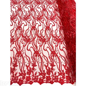 Red Floral Beaded Fabric By The Yard | Lace Fabric Embroidery Sequin Fabric with Beads on Mesh Fabric
