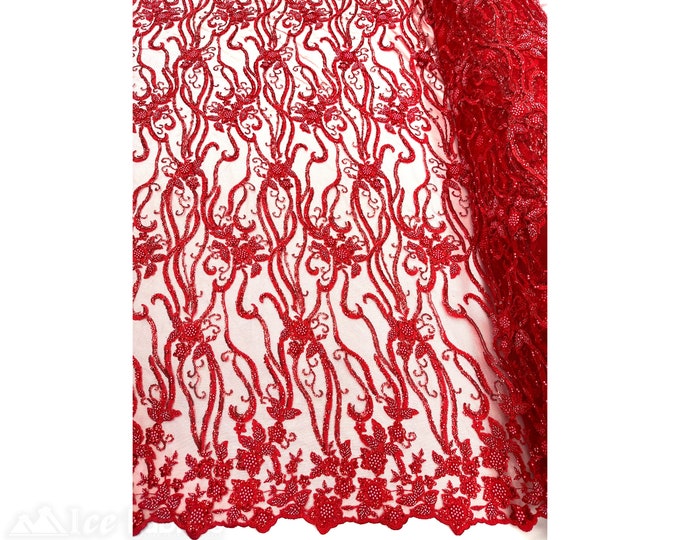 Red Floral Beaded Fabric By The Yard | Lace Fabric Embroidery Sequin Fabric with Beads on Mesh Fabric