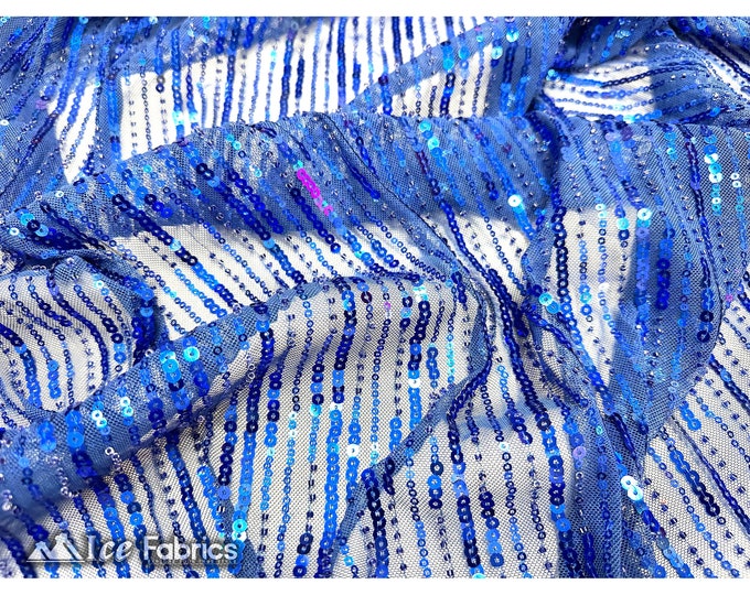 Royal Blue Stripe Sequin Fabric By The Yard | Embroidery Stretch sequin beaded fabric with Mesh Spandex