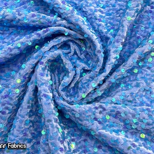 Emma 2 Way Stretch Velvet Sequin Fabric By The Yard | Embroidery Sequin On Spandex Velvet | Iridescent Sky Blue | 60” Wide