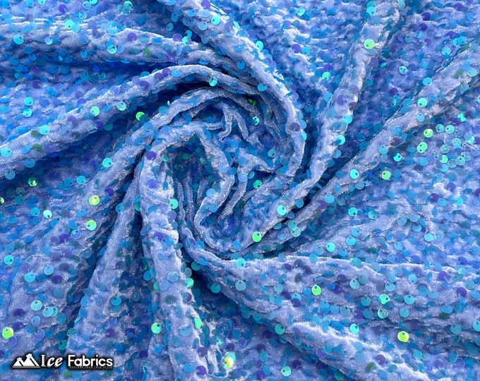 Emma 2 Way Stretch Velvet Sequin Fabric By The Yard | Embroidery Sequin On Spandex Velvet | Iridescent Sky Blue | 60” Wide