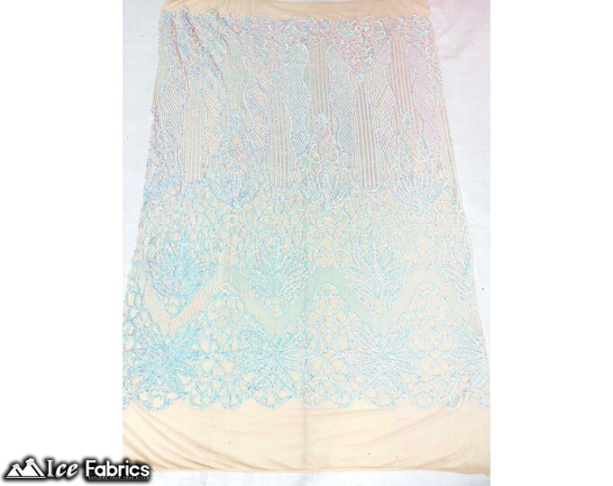 Iridescent Baby Blue on Nude Mesh 4 Way Stretch Sequin fabric by the yard | Embroidery Lace Fabric On Mesh Spandex Sequin Fabric