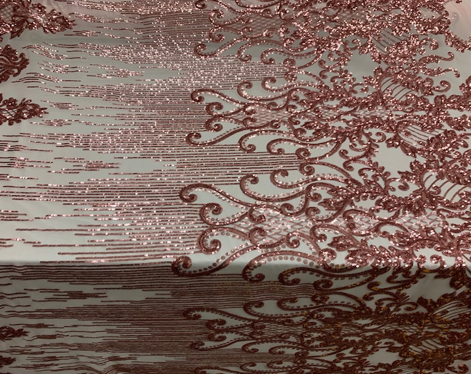 PINK_ SEQUIN FABRIC Spandex 4 Way Stretch Sequins Fabric Prom Mesh Lace Fabric By The Yard- Embroidered Lace Fabric