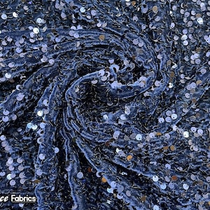 Emma 2 Way Stretch Velvet Sequin Fabric By The Yard | Embroidery Sequin On Spandex Velvet | Navy Blue | 60” Wide
