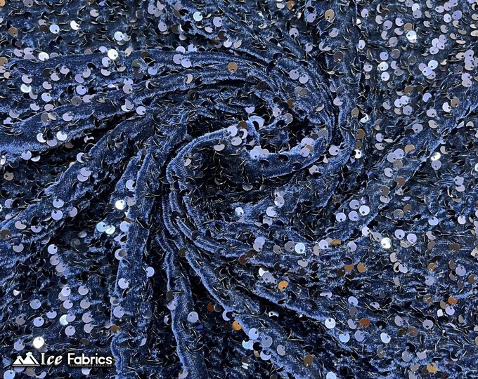 Emma 2 Way Stretch Velvet Sequin Fabric By The Yard | Embroidery Sequin On Spandex Velvet | Navy Blue | 60” Wide