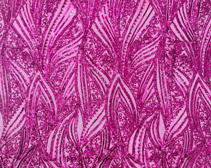 Fuchsia Damask Stretch Sequin Fabric By The Yards (MT) Embroidery Sequin Mesh Fabric Prom Dress Fabric