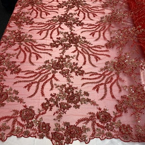 Beaded Mesh Lace Fabric By The Yard Embroidery Bridal Lace Handmade Floral Design With Big Luxury Flowers Sequins (Red/Green)